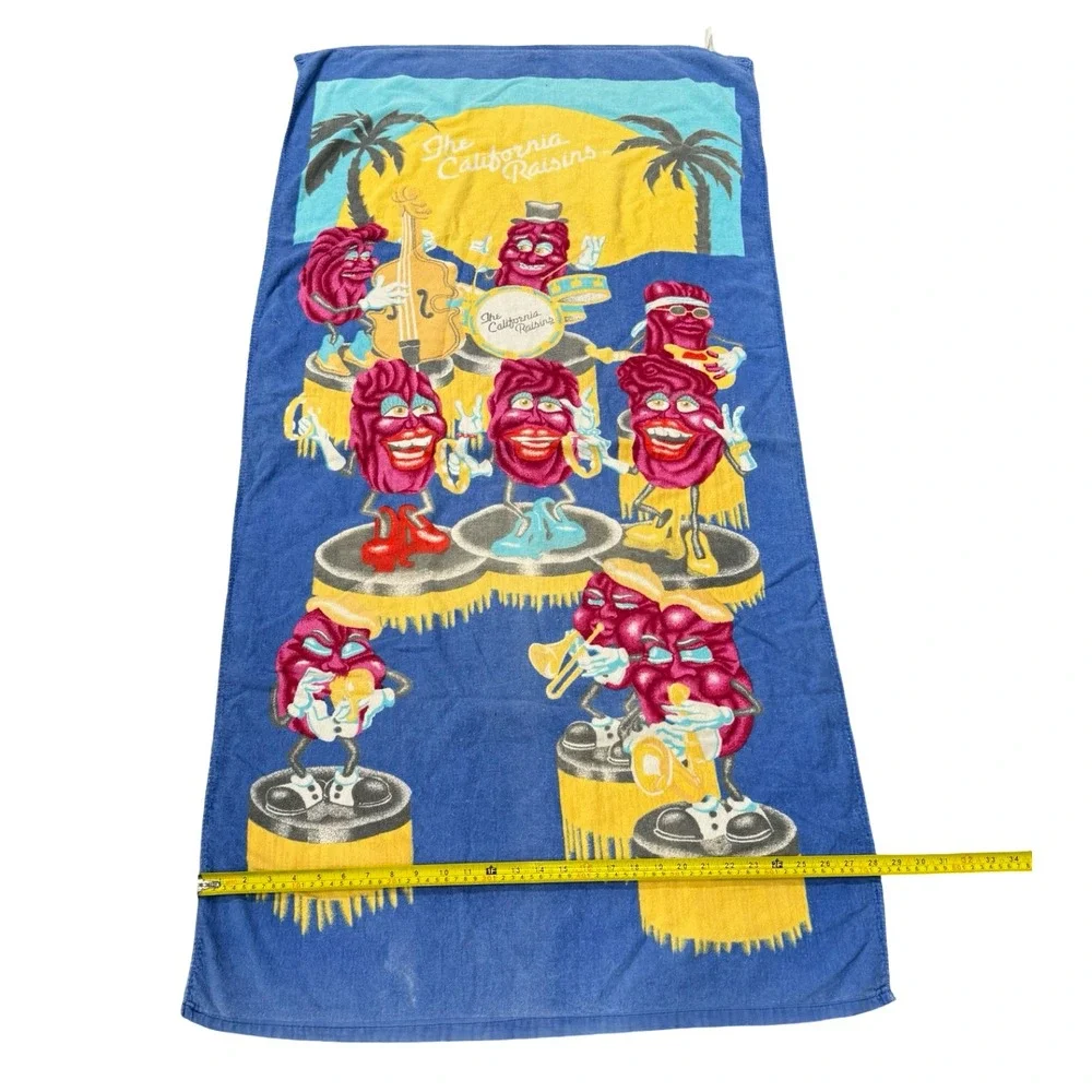 Vintage California Raisins Beach Towel Blue 80s Claymation Band 56x28 Cotton
